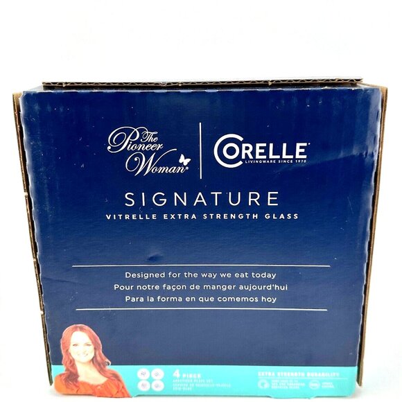 Pioneer Woman Corelle Evie Blue 4Pc Set Appetizer Plate Dessert Melamine White - Picture 2 of 8